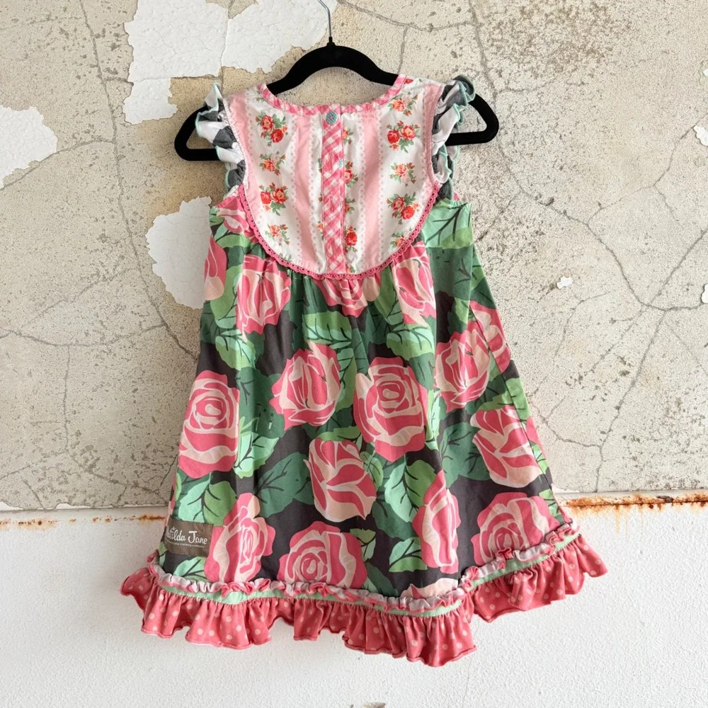 Matilda Jane Dress Floral Gingham Ruffles Pink‎ Green Girls 6